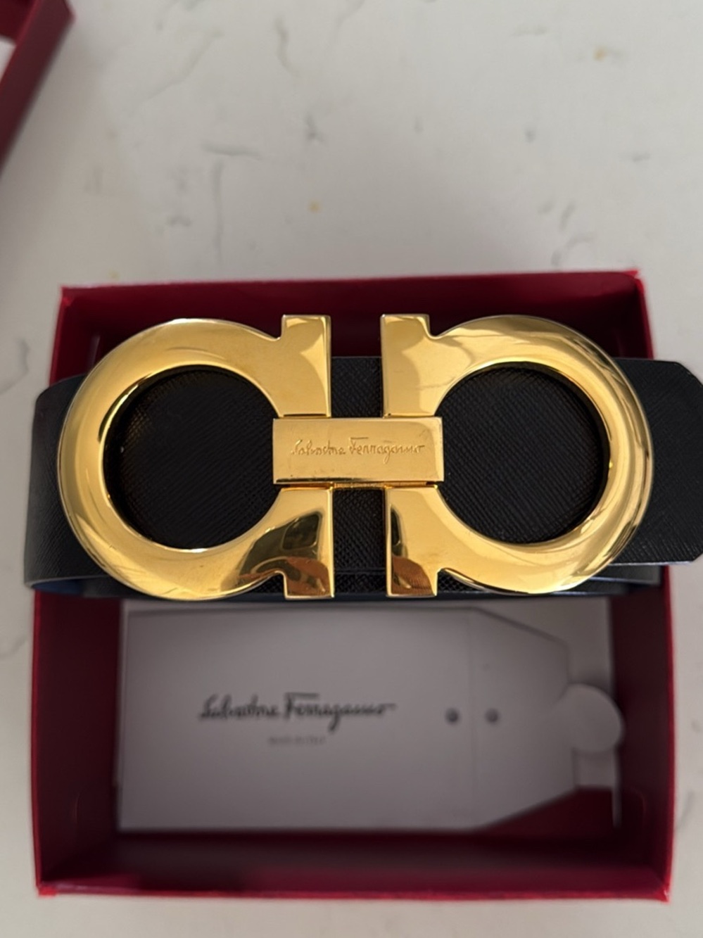 Salvatore Ferragamo Black Leather Belt with Gold Double Gancini Buckle